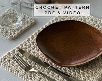 Rectangle Crochet Placemat & Coaster Pattern PDF | Linen Stitch, Cotton Cord 3mm | Easy Beginner Table Mat | Easter Spring Decor