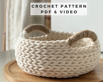 Crochet Basket Pattern with Handles – Easter Table Decor, Cotton Cord Bread Basket PDF, Modern Home Storage
