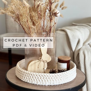 CROCHET PATTERN - Decorative Tray with a wooden base - Basket - Crochet Round Serving Tray - Digital Download - Quick crochet pdf pattern