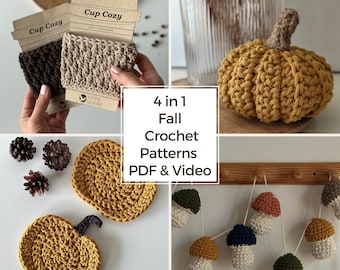 Fall Crochet Pattern Bundle PDF + Video – Cup Cozy, Decorative Pumpkins (4 sizes), Pumpkin Coasters, Mushroom Garland, Autumn DIY Decor