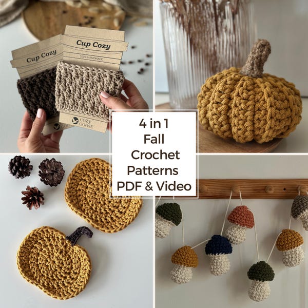 Bundel met haakpatroon herfst PDF + video – Gezellige beker, decoratieve pompoenen (4 maten), pompoenonderzetters, paddenstoelenslinger, herfst DIY-decor