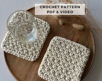 Patrón de posavasos de lino a crochet (PDF): Juego de posavasos fácil para principiantes, decoración de mesa moderna (PDF y videotutorial)