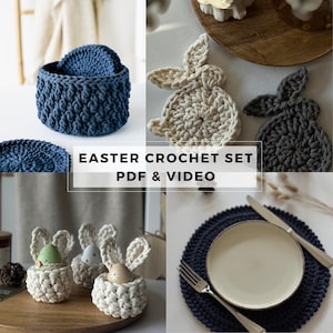 Easter Table Decor Crochet Pattern Set – Bunny Coasters with Holder, Egg Cup & Round Doily (4 PDF), Digital Download