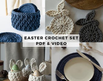 Easter Table Decor Crochet Pattern Set – Bunny Coasters with Holder, Egg Cup & Round Doily (4 PDF), Digital Download