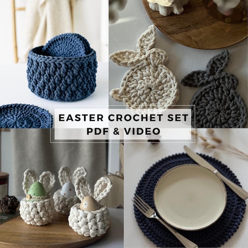 Easter Table Decor Crochet Pattern Set – Bunny Coasters with Holder, Egg Cup & Round Doily (4 PDF), Digital Download image 1