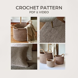 Könnte beinhalten: Eine Collage von Bildern mit Häkelartikeln. Das obere Bild zeigt einen großen, runden Korb mit Griffen, der eine gefaltete Decke enthält. Weitere Bilder zeigen ein Kissen, einen Teppich und ein Set von Körben. Der Text "CROCHET PATTERN PDF & VIDEO" steht oben.