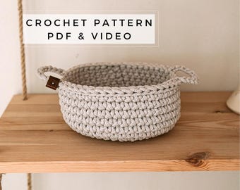 Crochet storage small basket with handles PATTERN - Crochet PDF pattern for beginner - DIY round crochet basket pattern - Crochet room decor