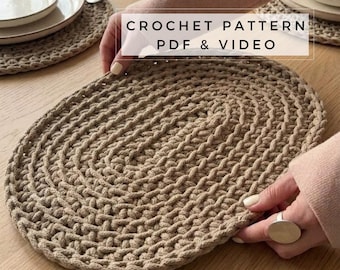 Oval Crochet Placemat Pattern PDF, Crochet Table Mat, Braided Cotton Cord Pattern, Modern Home Decor