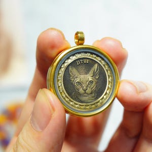 May include: A gold-toned pendant featuring a detailed portrait of a hairless cat. The cat's image is set within a circular frame, with the name "JITUI" above the cat. The pendant has a loop for a chain and is held by a person.