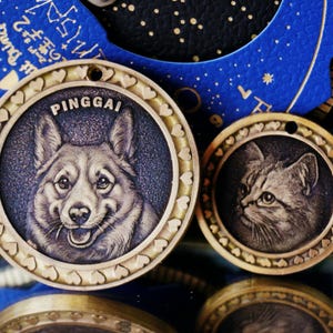May include: Two brass pet tags. One features a smiling dog with the name "PINGGAI" above it. The other tag has a cat's portrait. Both tags have a heart-shaped border and a hole for attachment.