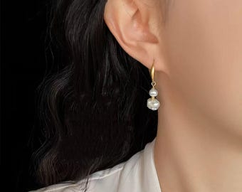 Orecchini con perle d'acqua dolce irregolari barocche, orecchini importanti placcati in oro 14 carati, gioielli pendenti leggeri e lussuosi, regalo elegante per lei, compleanno
