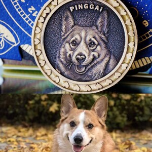 May include: A detailed, circular pendant featuring a smiling corgi portrait with the name "PINGGAI" above. The pendant has a heart-shaped border. The bottom half of the image shows a live corgi with a similar expression.
