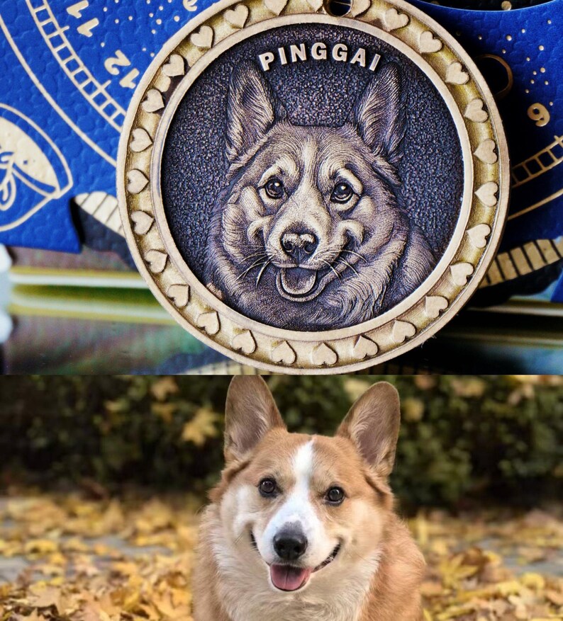 May include: A detailed, circular pendant featuring a smiling corgi portrait with the name "PINGGAI" above. The pendant has a heart-shaped border. The bottom half of the image shows a live corgi with a similar expression.