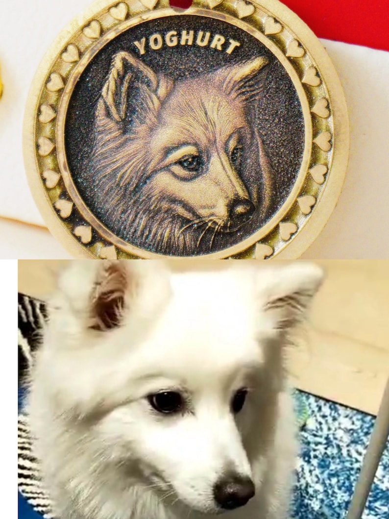 May include: A gold-colored pendant with a detailed relief of a dog's face, surrounded by a border of small hearts. The word "YOGHURT" is inscribed at the top. The image also shows a white dog.