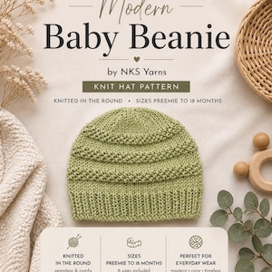 May include: A knitted green baby beanie with the text "Modern Baby Beanie" and "Knit Hat Pattern". The hat is designed for sizes preemie to 18 months. The image includes a wooden toy, a woven basket, and sprigs of greenery.
