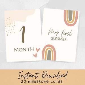 Cute Baby Milestone Cards Rainbow Beige Baby Shower Gift Gender Neutral Instant Download