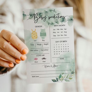 Cartes de prédiction de bébé mignon, vert eucalyptus, floral, baby shower, jeux de cartes, neutres en matière de genre, téléchargement immédiat