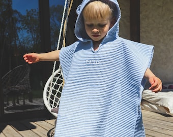 Kids Poncho Blue Cotton Waffle Hooded Towel Ears Personalized Cute Beach Bath Shower Cover Up New Baby Gift Toddler Surf Swim Clothes