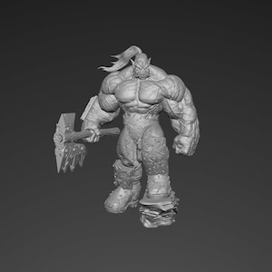 May include: A gray 3D printed figurine of a muscular orc holding a large axe. The orc is wearing armor and has a fierce expression on its face.