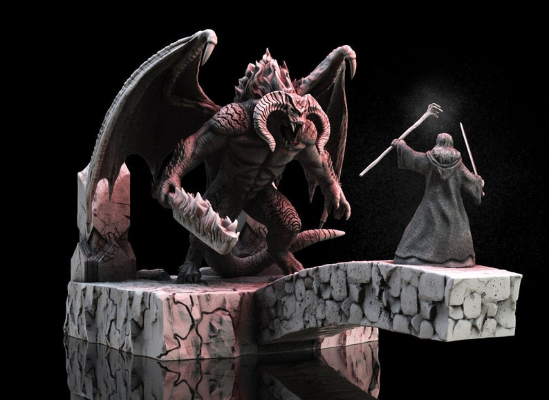 May include: A gray and white painted miniature figurine of a dragon with a fiery mane and a wizard holding a staff and sword. The dragon is standing on a stone bridge with a rocky base.
