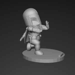 May include: A gray 3D printed figurine of a Mandalorian character from Star Wars. The character is wearing a helmet and armor and is holding its hands up in a defensive position. The figurine is standing on a round base.