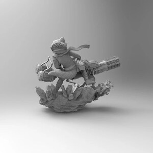 May include: A gray, detailed figurine of a furry creature riding a futuristic motorcycle with a large exhaust pipe. The figurine is posed in mid-air, with the creature's tail trailing behind it. The base of the figurine is made of rock-like material.