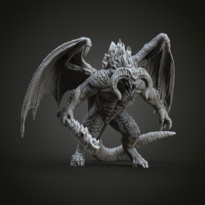 May include: A detailed gray and white figurine of a dragon with wings, horns, and a spiked tail. The dragon is in a menacing pose, with its mouth open and its claws extended.