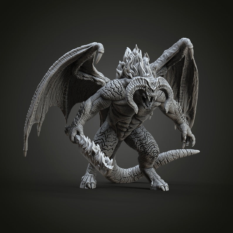 May include: A detailed gray and white figurine of a dragon with wings, horns, and a spiked tail. The dragon is in a menacing pose, with its mouth open and its claws extended.