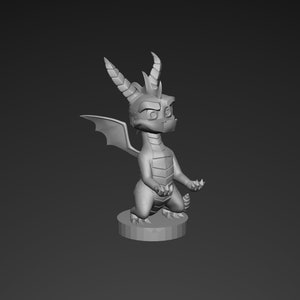 May include: A gray 3D-printed figurine of a dragon with large wings, horns, and a spiked tail. The dragon is posed on a circular base, with its arms outstretched. The figurine is a stylized representation of a fantasy creature.