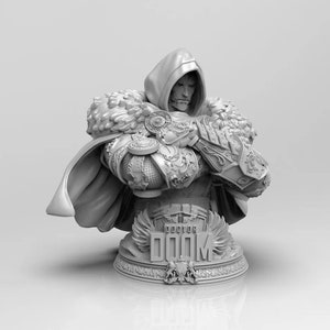 May include: A gray 3D printed bust of Doctor Doom, a Marvel Comics supervillain. The bust features Doctor Doom's iconic helmet, cape, and armor. The bust is mounted on a base with the words "Doctor Doom" inscribed on it.