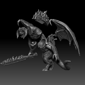 May include: A gray, detailed, 3D printed model of a dragon with wings, horns, and a sword. The model is assembled in sections, with the wings, head, and tail separate from the body.