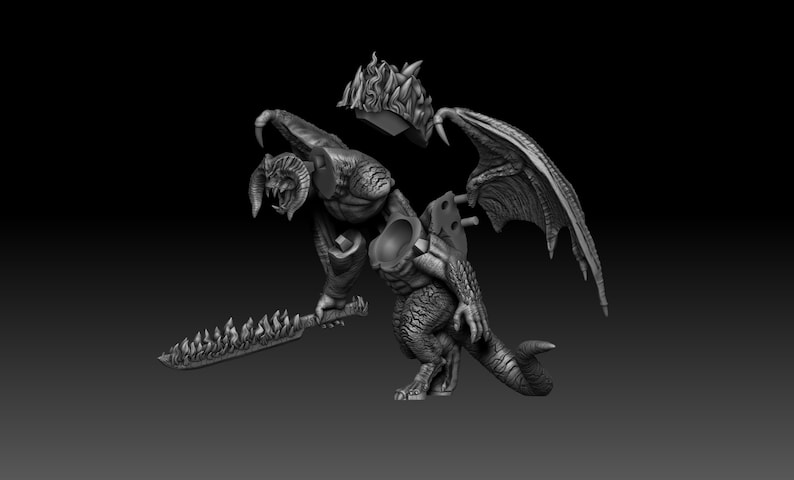 May include: A gray, detailed, 3D printed model of a dragon with wings, horns, and a sword. The model is assembled in sections, with the wings, head, and tail separate from the body.