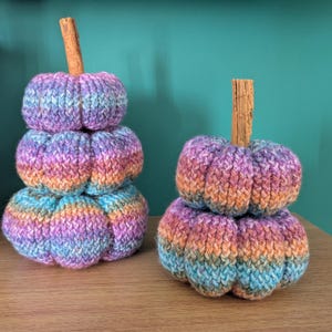 May include: Two decorative pumpkins crafted from variegated yarn in shades of purple, blue, orange, and pink. The taller pumpkin consists of three stacked segments, while the shorter one has two, both topped with brown cinnamon stick stems.