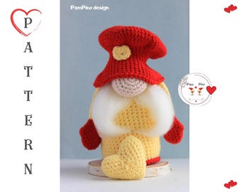 May include: A handmade crochet gnome with a red hat, yellow body, and white beard. The gnome has red mittens and a small yellow heart. The word "PATTERN" is vertically displayed on the left side of the image.