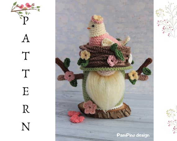 Crochet patterns Gnome Bird nest, Amigurumi crochet gnome and crochet bird nest pattern, Summer crochet pattern