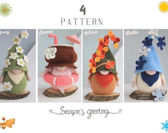 May include: A crochet pattern featuring four seasonal gnomes: Spring, Summer, Autumn, and Winter. Each gnome is uniquely designed with seasonal elements like flowers, a drink, leaves, and snowflakes. The gnomes are displayed on wooden bases.