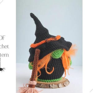 Halloween crochet patterns Gnome Witch with broom, Crochet amigurumi pattern Halloween gnome, Halloween crochet decor Witch