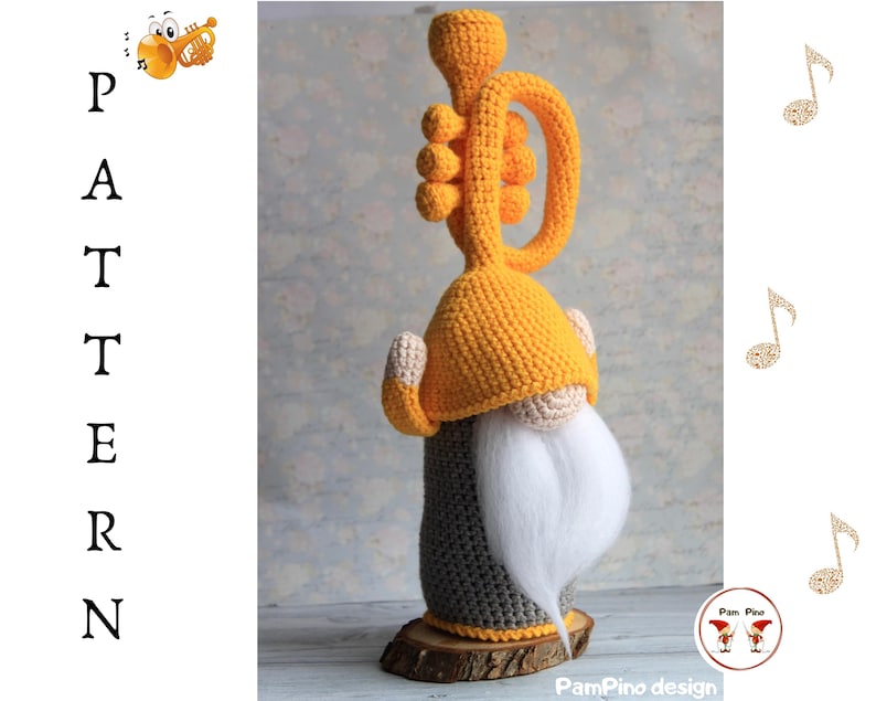 May include: A handmade crochet gnome with a trumpet, featuring a yellow hat and instrument, a gray body, and a white beard. The word "PATTERN" is vertically displayed on the left. The design includes musical notes and the "PamPino design" logo.