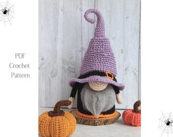 May include: A crocheted Halloween gnome with a purple hat, black outfit, and gray beard. The gnome is on a wooden base, with two crocheted pumpkins. The text "PDF Crochet Pattern" is visible.
