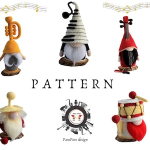May include: A collection of handmade crochet gnomes, each representing a musical instrument. The gnomes feature various colors, including yellow, red, and white, and are displayed on wooden bases. The word "PATTERN" is displayed in the center.