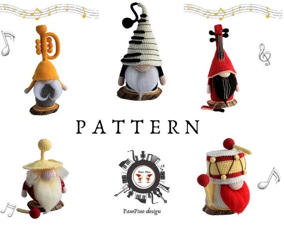 Music Gnome Crochet Bundle PDF | 5-Pack Piano Trumpet Violin Drum Guitar Amigurumi | Musician Gift Instant Download
