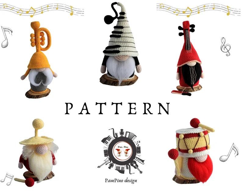 May include: A collection of handmade crochet gnomes, each representing a musical instrument. The gnomes feature various colors, including yellow, red, and white, and are displayed on wooden bases. The word "PATTERN" is displayed in the center.