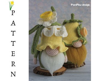Crochet patterns Gnomes Daffodil and crochet flowers, Amigurumi crochet gnome and crochet daffodil pattern, Spring crochet pattern