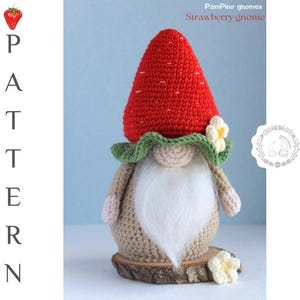 Crochet Strawberry gnome pattern, Amigurumi crochet Strawberry gnome, Food crochet Strawberry with flower
