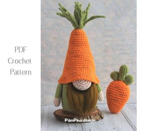 Patrones de crochet de gnomo y zanahoria, Patrones de crochet de gnomo de Pascua, Patrón de crochet de gnomo amigurumi, Patrón de crochet de comida, Regalo para jardinero