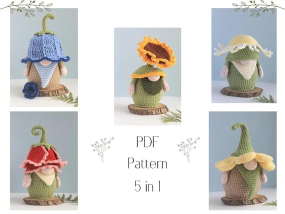 Flower Gnome Crochet Bundle PDF | 5-Pack Bluebell Daisy Sunflower Spring Amigurumi | Garden Gift Instant Download