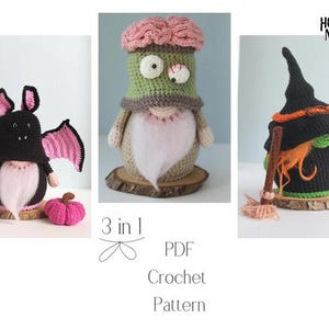 May include: A collection of three crochet Halloween figures: a black bat with pink wings, a zombie gnome, and a witch. The figures are displayed on wooden bases. The text "HORROR NIGHT" and "3 in 1 PDF Crochet Pattern" are also visible.