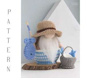Patrones de crochet Gnomo pescador, Amigurumi crochet Gnomo pescador con peces de crochet, Patrón de crochet Gnomo pescador
