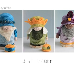 May include: Three crocheted gnome figures in blue, green, and purple, each with a unique hat and beard. The gnomes are displayed on wooden bases, with a small matching hat beside each one. The text "Wisemen gnomes" and "3 in 1 Pattern" are also visible.