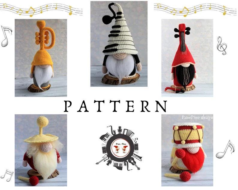 May include: A collection of handmade crochet gnomes, each designed with a musical theme. The gnomes wear hats shaped like musical instruments, including a trumpet, piano keys, and a violin. The word "PATTERN" is displayed in the center.